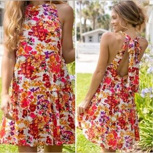 NATURAL LIFE Floral Halter Mini Dress - White with Pink, Orange & Purple Flowers